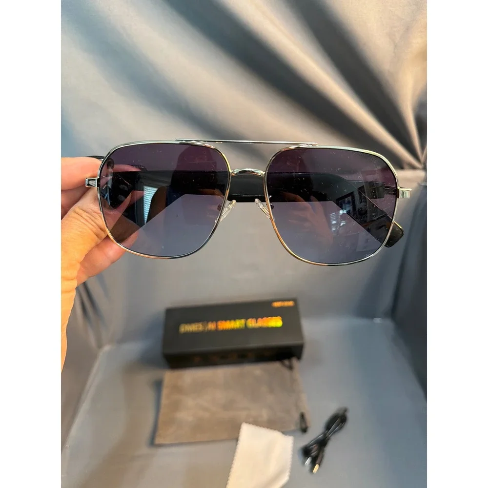 DMES AI Smart Glasses Bluetooth Audio Aviator Sunglasses Silver Frame Black